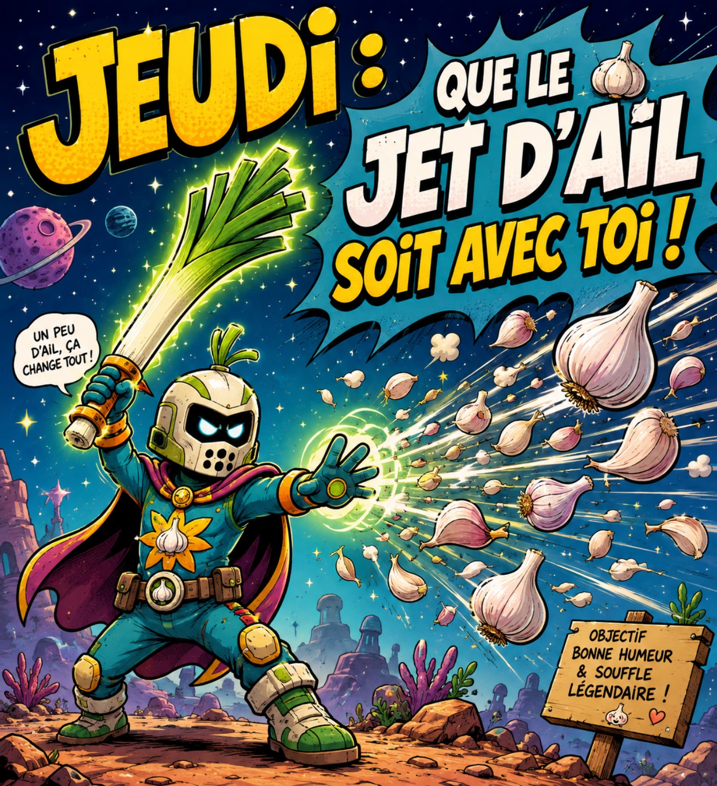 Un héros cosmique brandissant une gousse d'ail